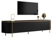 Meuble TV bas, 6 portes, design à rainures, bords arrondis, fabriqué en MDF, pieds en fer