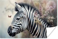 PosterMonkey Poster Zebra - Wilde dieren - Vlinder - Bloemen - 180x120 cm XXL