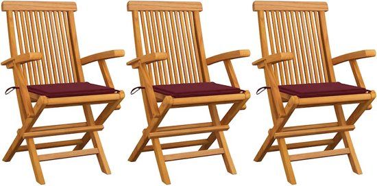 vidaXL Klapstoelen met wijnrode kussens, 3 stuks, massief teakhout