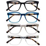 OPULIZE KOI Leesbrillen 4-Pack - Groot Rechthoekig Montuur - Zwart-Blauw-Grijs-Helder - Heren Dames - Veerscharnieren - RRRR50-137C - +3.00