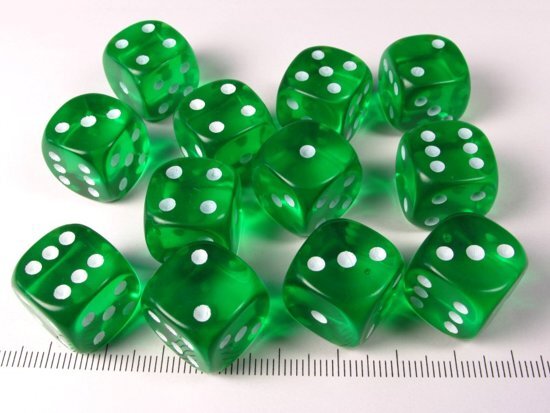 - Dobbelstenen set 12 6-zijdig 16 mm transparant groen