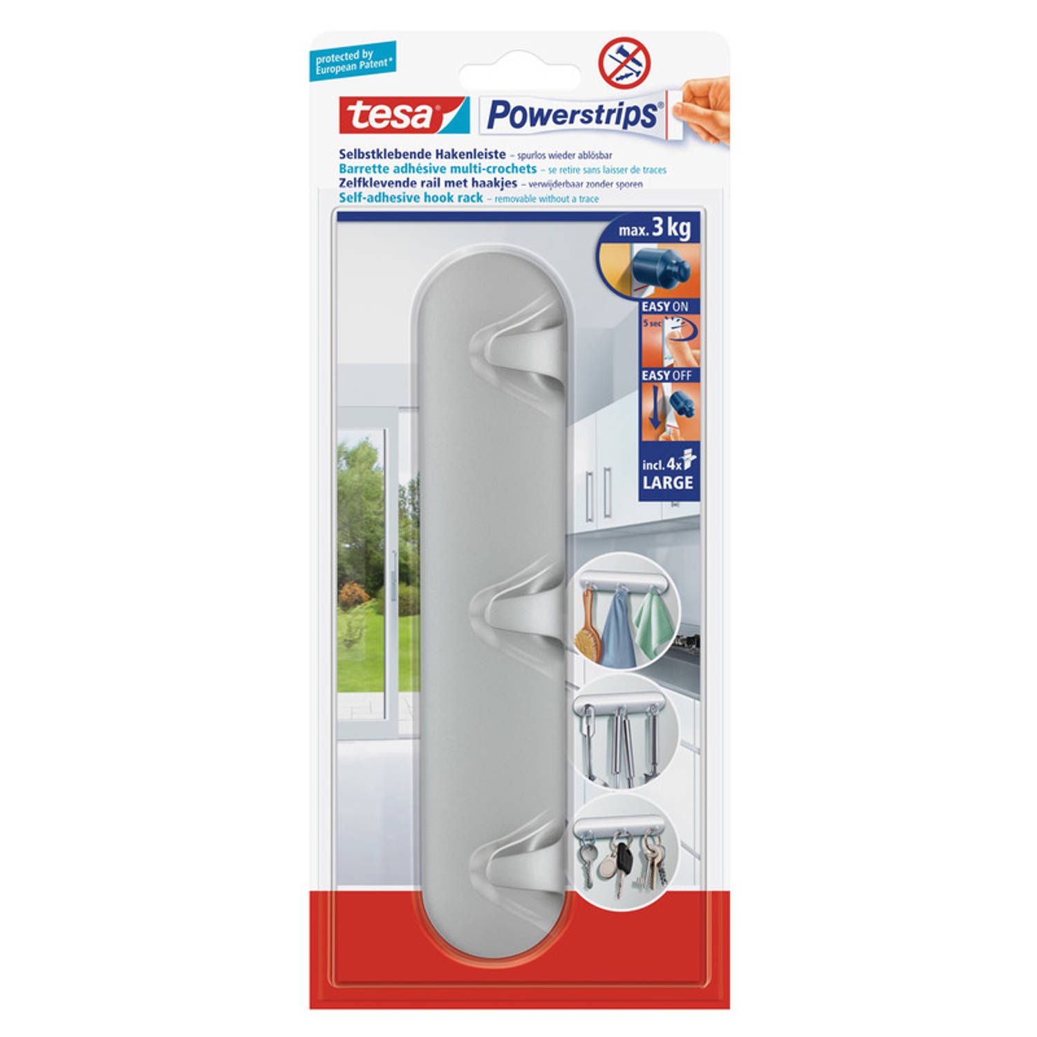 tesa Powerstrips Chroom Hakenrekjes 3-haaks - Zilver