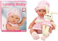 Lean toys Poupée dans un porte-bébé lapin et une tenue à carreaux roses