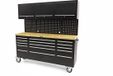 182 cm workbench with wooden top and black cabinet wall