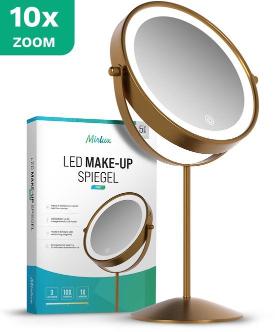 Mirlux Make Up Spiegel met LED Verlichting - 10x Vergroting – Scheerspiegel Klein Op Voet - 3 Lichtstanden - Oplaadbaar - Vergrootspiegel Goud