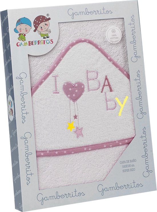 Gamberritos Badcape I Love Baby - 100 x 100 cm - Katoen - Wit/Roze