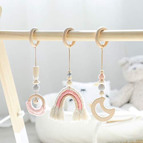 let's make 3pc Rainbow Baby Wooden Play Gym Toy Met de Hand Gebreide Hanger met Kwastjes Kraamcadeau (Roze Meid)