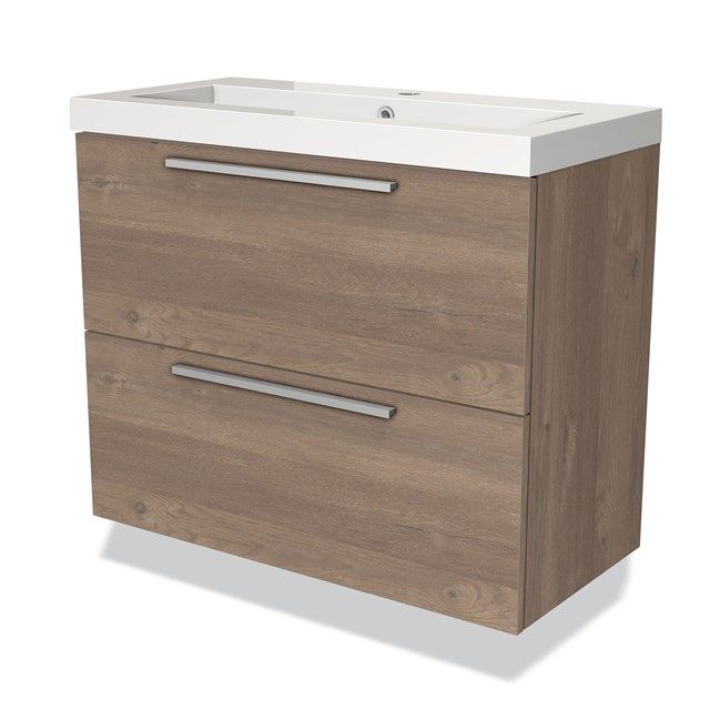 Maxaro Badkamermeubel 80cm Modulo Slim Middenbruin Eiken 2 Lades Vlak Wastafel Mineraalmarmer