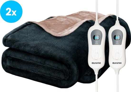 Auronic Elektrische Deken - 160 x 120 cm - Duo Pack - 1 Persoons Warmtedeken - 3 Warmtestanden - Verwarmingsdeken - Antraciet