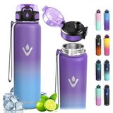 Vikaster Thermosfles, 1 liter, BPA-vrij, lekvrij, roestvrij staal, thermosfles met rietje, voor volwassenen, school, fitnessstudio, fietsen