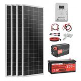 VEVOR Kit complète de système d'énergie solaire 400W, système d'énergie solaire hors réseau comprenant 4 panneaux solaires monocristallins 100W, batterie LiFePO4 12,8V 200Ah, contrôleur de charge MPPT 40A et onduleur 12V 2000W, système photovoltaïque hors réseau pour la maison