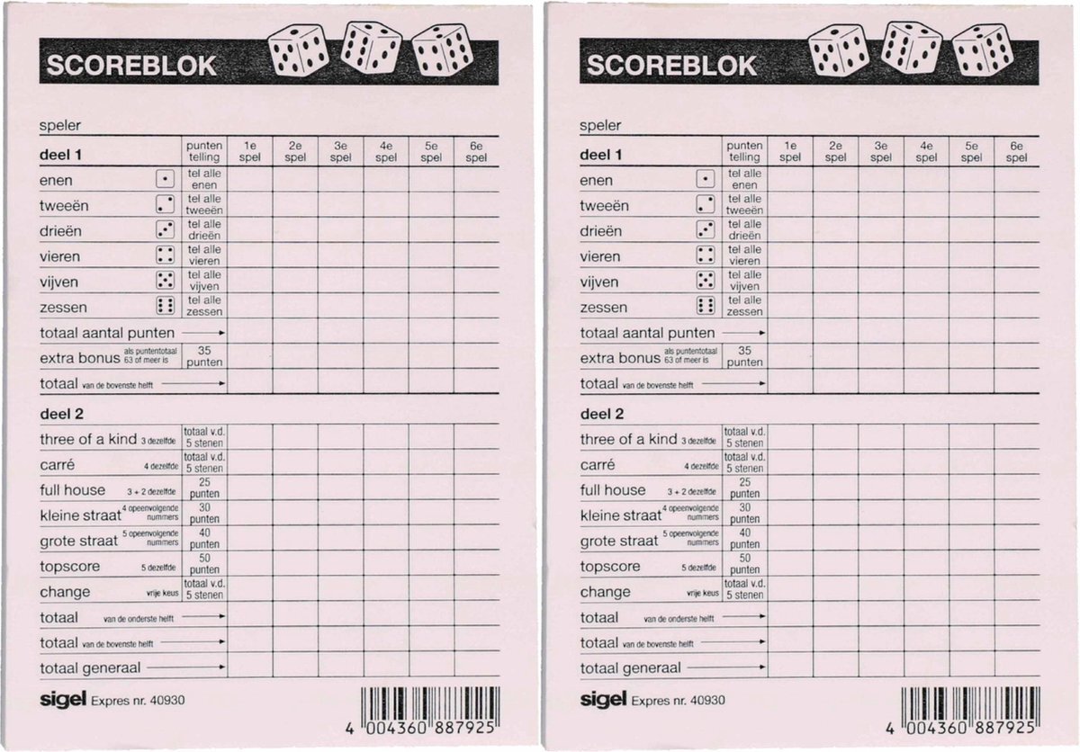 Sigel 2x Scoreblokken Yahtzee 100 vellen - Familiespellen - Dobbelspellen - Dobbelspel - Scoreblokken/scorekaarten - Score notitieblok
