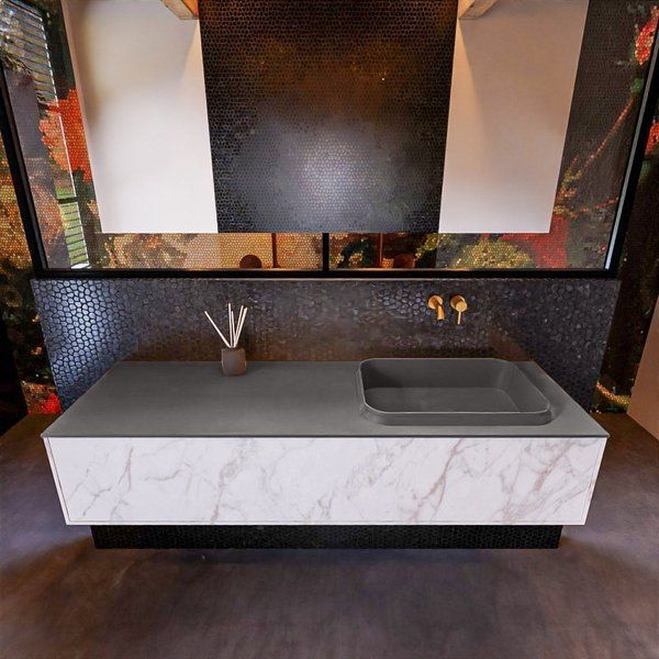 Mondiaz ERIN 150cm badmeubelset carrara met 1 lade Wastafel RIDGE rechts Dark grey ERIN12223