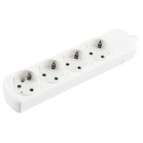 Witte basis met 4 stopcontacten, zonder kabels, ideaal voor het uitbreiden van verbindingspunten en voor het optimaliseren van het gebruik van elektrische apparaten.