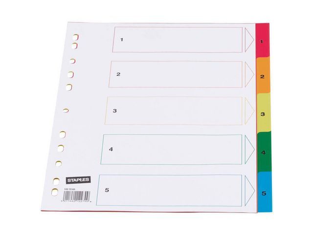 Staples Tabbladen gekleurd kunststof 11 rings, A4, bedrukte tabs, 1-5