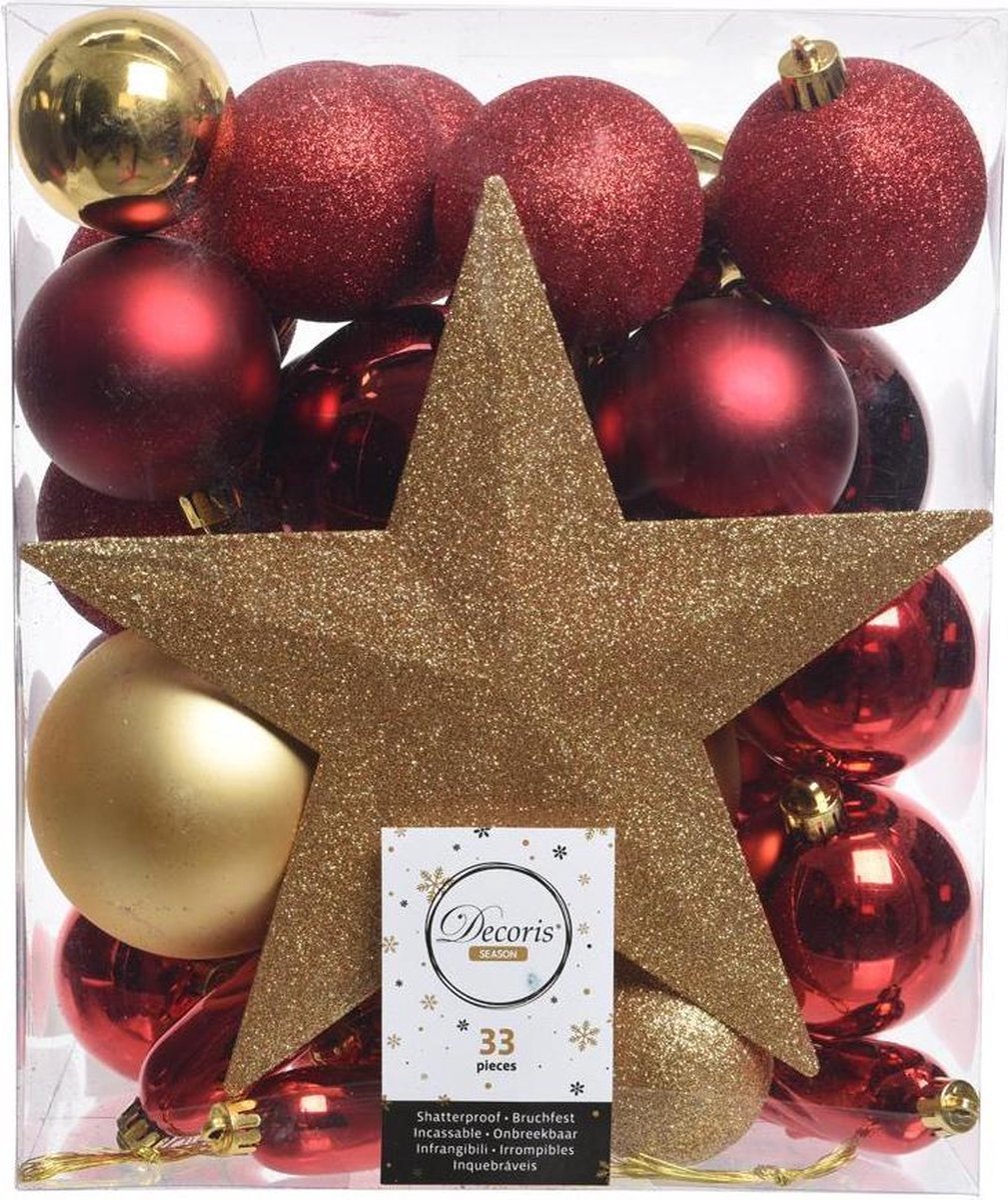 Decoris Kerstballen Mix Met Piek Box 33 Stuks Rood Goud