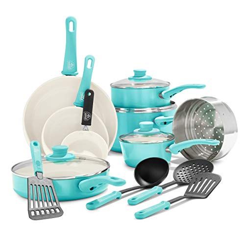 Greenlife Soft Grip Keramische Pannenset met Anti-Aanbaklaag - 16 Stuks, Turquoise