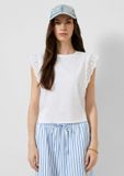 s.Oliver QS T-shirt L Wit Gestreept Katoen Ronde Hals Korte Mouw Extra Kort Aansluitend Vrouwen Lente/Zomer 2025