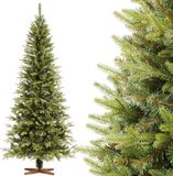 FairyTrees Kunstkerstboom FT05 Slim 220 cm – Besneeuwde Nordmann – Handgemaakte Essenhouten Standaard – Gemaakt in de EU