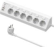 SURIGHT Hoekcontactdoos met 2 USB en 2 type-C - 6-voudig meervoudig stopcontact met enkele schakelaar - Hoeken - Wit
