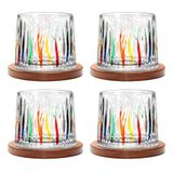 Draaibare ouderwetse glazen beker, 275 ml kristallen whiskyglas set van 4, houten onderzetter, verdikking, gebruikt als rumglas, cocktailbeker, koffiekop, melkbeker om te ontspannen en stress te