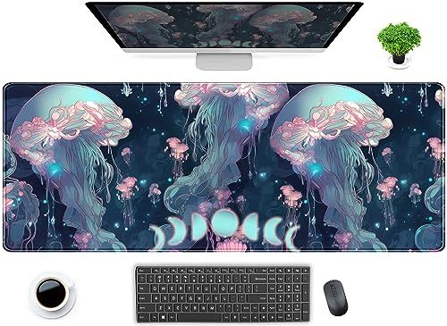 DCJJM - Bureauonderlegger Anime kwallen neon blauw XL gaming mat oceaan maan PC laptop toetsenbord muis 80 x 30 cm bescherming met genaaide randen voor dames