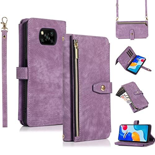 Jeelar ESONG Hoesje voor Xiaomi Poco X3/X3 Pro/X3 NFC, Magnetic portemonnee telefoonhoesje Holster met kaartenvak/standaard, Lederen Flip portefeuille beschermhoes, Crossbody Wallet Shockproof Case Cover, Purper