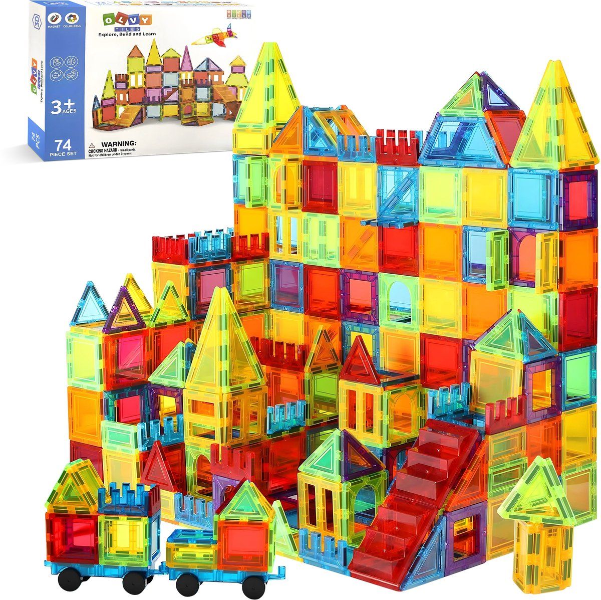 Olvy Magnetic Tiles - 74 Piece Set - Educational Building Blocks for Kids Ages 3+