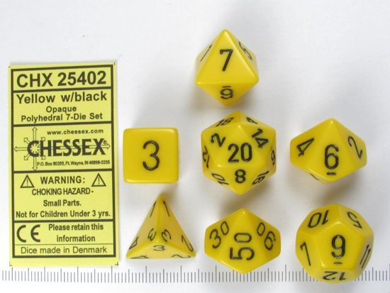 Chessex dobbelstenen set 7 polydice Opaque Yellow w/black