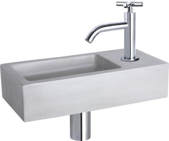 Differnz Ravo fonteinset - beton lichtgrijs - kraan gebogen kruis Chroom - 38.5 x 18.5 x 9 cm