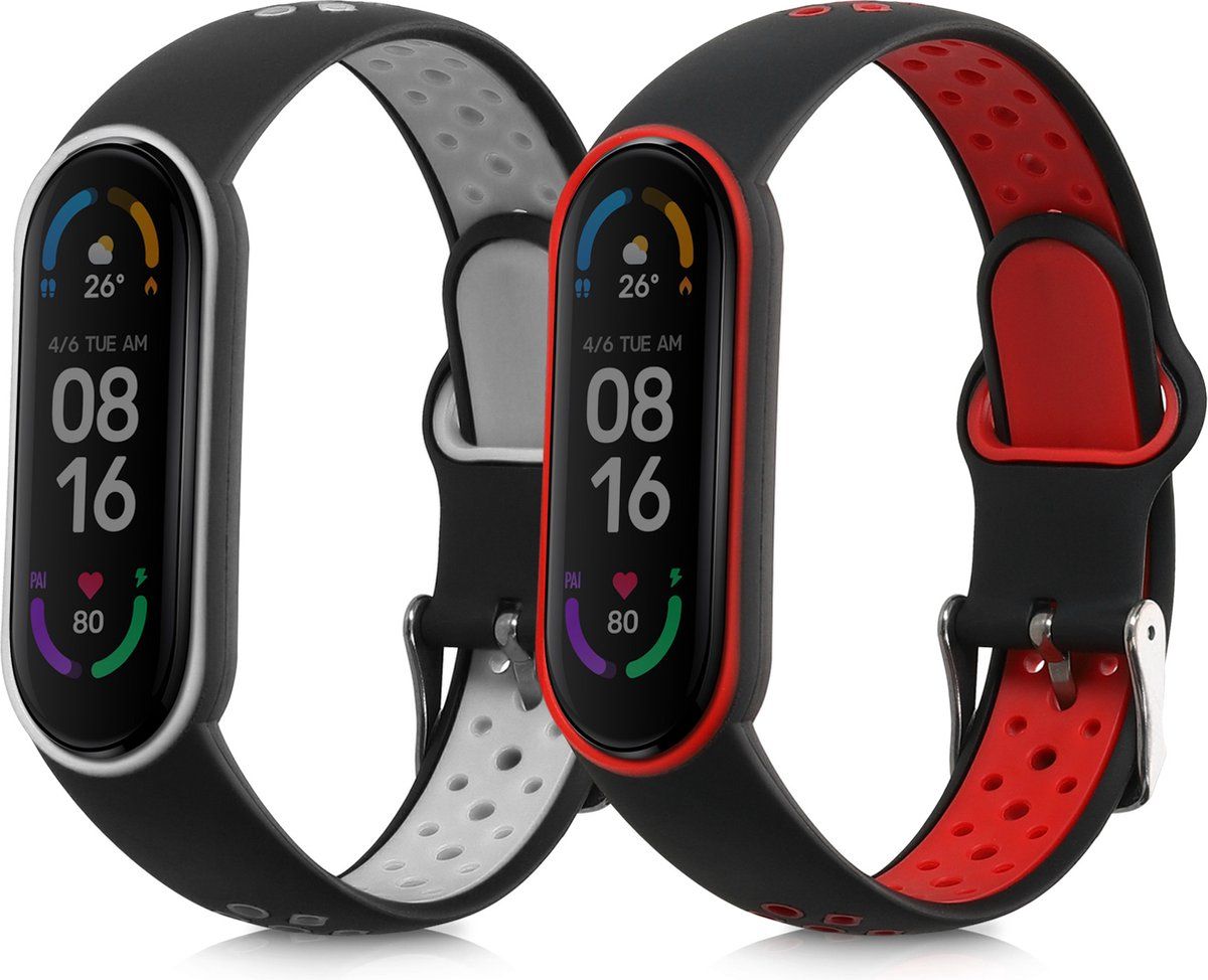 kwmobile 2x armband voor Xiaomi Mi Smart Band 6 / Mi Band 6 / Band 5 - Bandjes voor fitnesstracker in zwart / grijs / zwart / rood