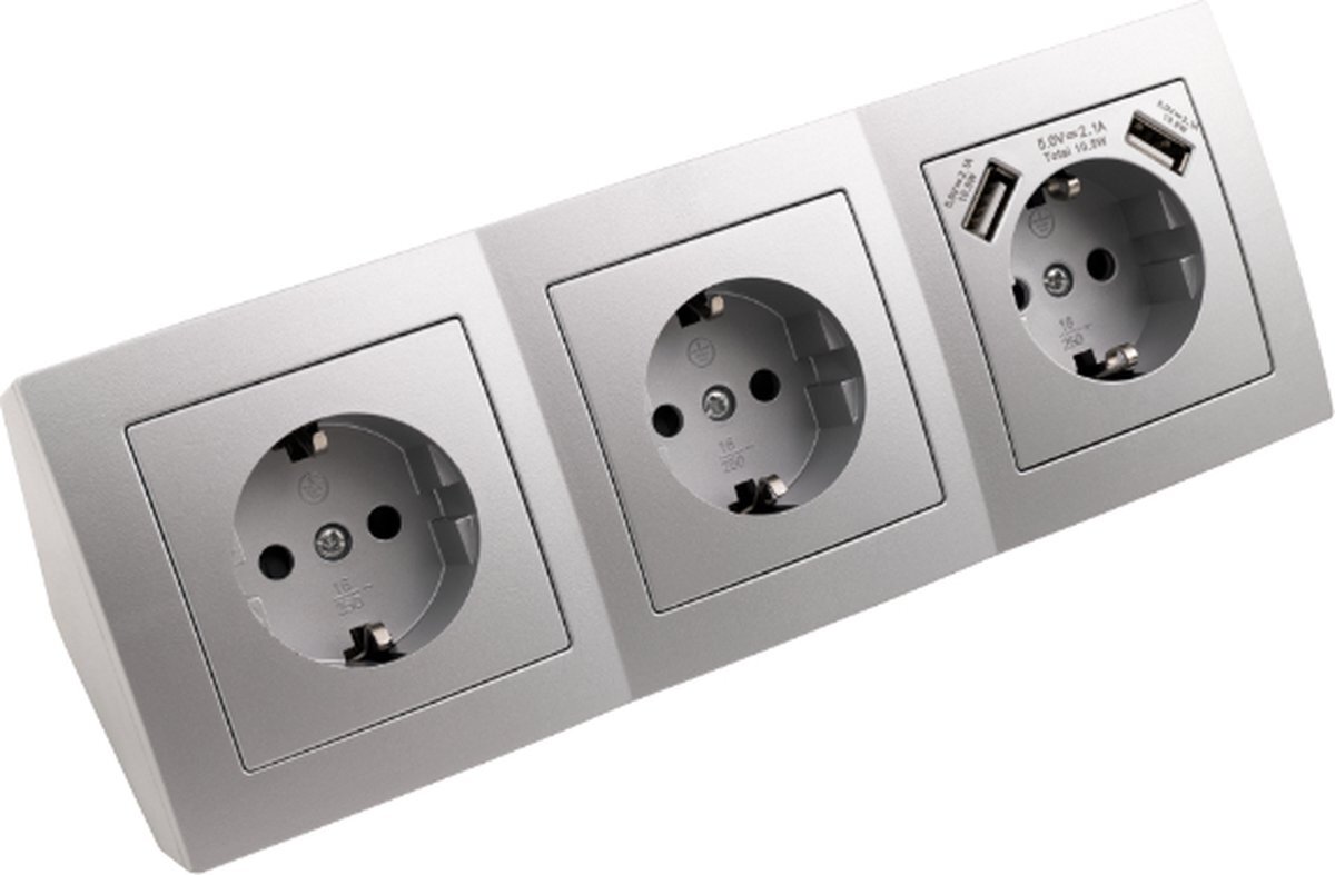 McPower Bureau Stekkerdoos met USB - Stekkerblok met 3 stopcontacten en 2 USB - Verdeelstekker met 0.15 m kabel - stopcontact voor max. 3600 Watt - Zilver