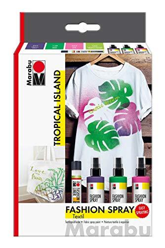 marabu 171900000085 Fashion Spray, Tropical Island, textielspuitverf op waterbasis, voor licht textiel, eenvoudige fixatie, wasbaar tot 40 °C, 3 x 100 ml kleur en 25 ml Fashion Liner