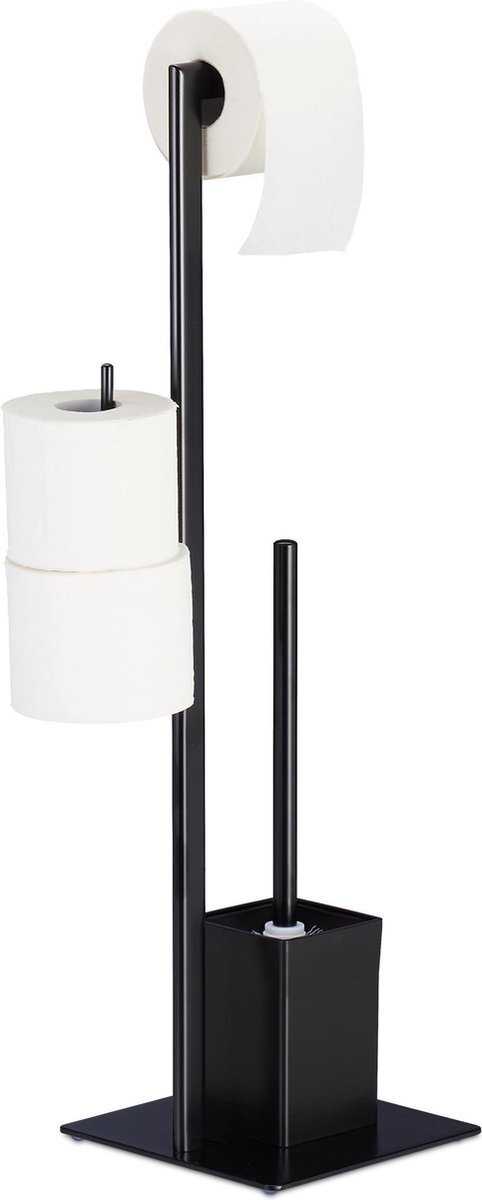 Relaxdays wc rolhouder zwart - toiletborstel - toiletbutler - toilet papierhouder - staal