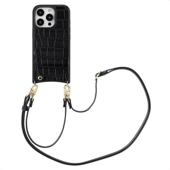 Selencia Hoesje - Geschikt voor Apple iPhone 16 Pro - Croco Backcover met koord en pashouder - Zwart