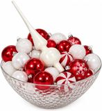Jja Showroom And Head Office Boules de Noël - 60x - blanc avec rouge - plastique - incl. étoile en verre - décoration de Noël