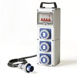 Elektrisch verdeelpaneel met 3 industriële CEE-stopcontacten, CEE-stekker, 2m H07RN-F 3G2.5-kabel, IP65, 30 mA aardlekschakelaar en miniatuurstroomonderbreker. Ideaal voor bouwplaatsen,campings,enz