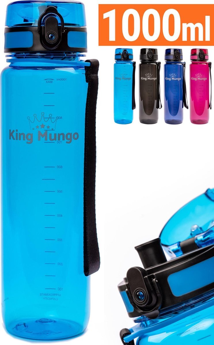 King Mungo 1 Liter Drinkfles - Vaatwasserbestendig - Sport Bidon Drinkbus 1000ml Blauw