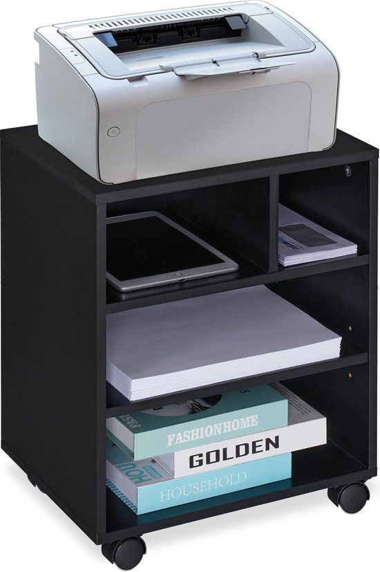 Merkloos Relaxdays bureau kast - op wielen - 4 vakken - 49 x 40 x 30 cm - printerkastje