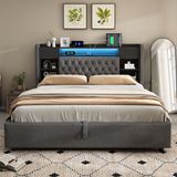 MODFU Gestoffeerd Bed Met Opbergruimte En Ledverlichting - Retro - Linnen - Grijs - 140 X 200 Cm