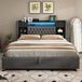 MODFU Gestoffeerd Bed Met Opbergruimte En Ledverlichting - Retro - Linnen - Grijs - 140 X 200 Cm