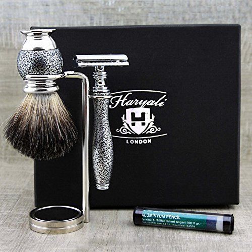 Haryali London Zilver Antik Selection - 3 stuks scheerset - scheerkwast, scheermes & scheerstandaard + gratis aluminium STICK