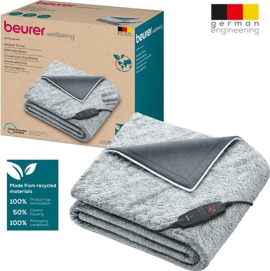 Beurer Elektrische deken - Duurzaam - 180x130 cm - Test: zeer goed - warmtedeken - elektrische bovendeken - Ultrazachte Nordic fleece - HD 75 - Grijs mix