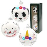 Lauschaer Kerstboomversiering - set van 3 kerstballen met de hand beschilderd en mondgeblazen met verschillende diermotieven, met zilveren kroontjes, diameter ca. 8 cm