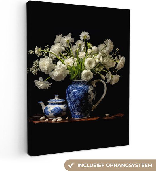 Canvas Schilderij Bloemen - Schenkkan - Delfts blauw - Stilleven - 30x40 cm - Wanddecoratie