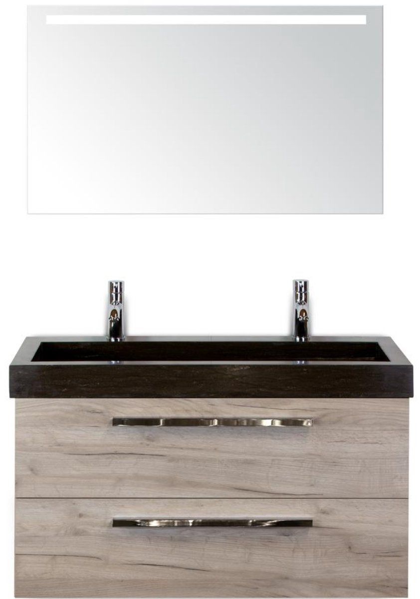 BES LED Seville Seville Badmeubelset 100 cm - Craft Oak - Wastafel Lucca 2 Kraangaten met Sence Spiegel