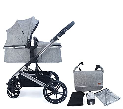 PIXINI Neyla combi kinderwagen met stoffen kuip, buggy, luiertas, drankhouder, regenzeil, muggennet, aankleedkussen (chroom/grijs)