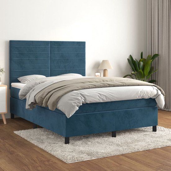 vidaXL Boxspring met Matras Fluweel Donkerblauw 140x200 cm