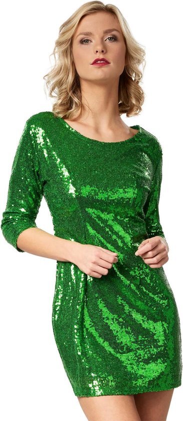 Tectake dressforfun - Paillettenjurk met lange mouwen groen S - verkleedkleding kostuum halloween verkleden feestkleding carnavalskleding carnaval feestkledij partykleding - 303791