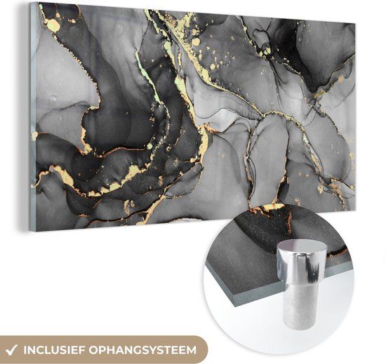 MuchoWow® Glass Painting 120x60 cm - Acrylic Glass Painting - Marble - Black - Gold - Gray - Photo on Glass - Paintings